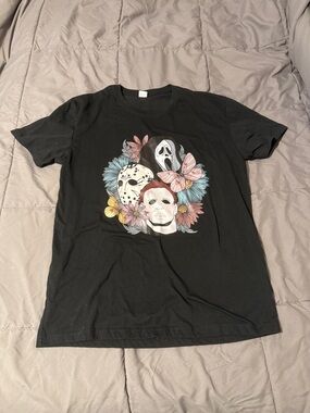 Gildan Black Short-Sleeve Horror Masks Floral Tee